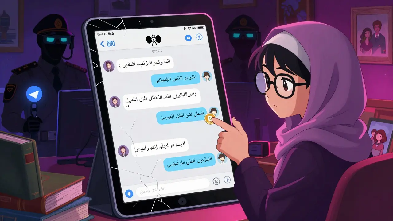 Un estudiante iraní usa una tablet para enviar Bitcoin a través de una aplicación de Telegram con VPN activa.