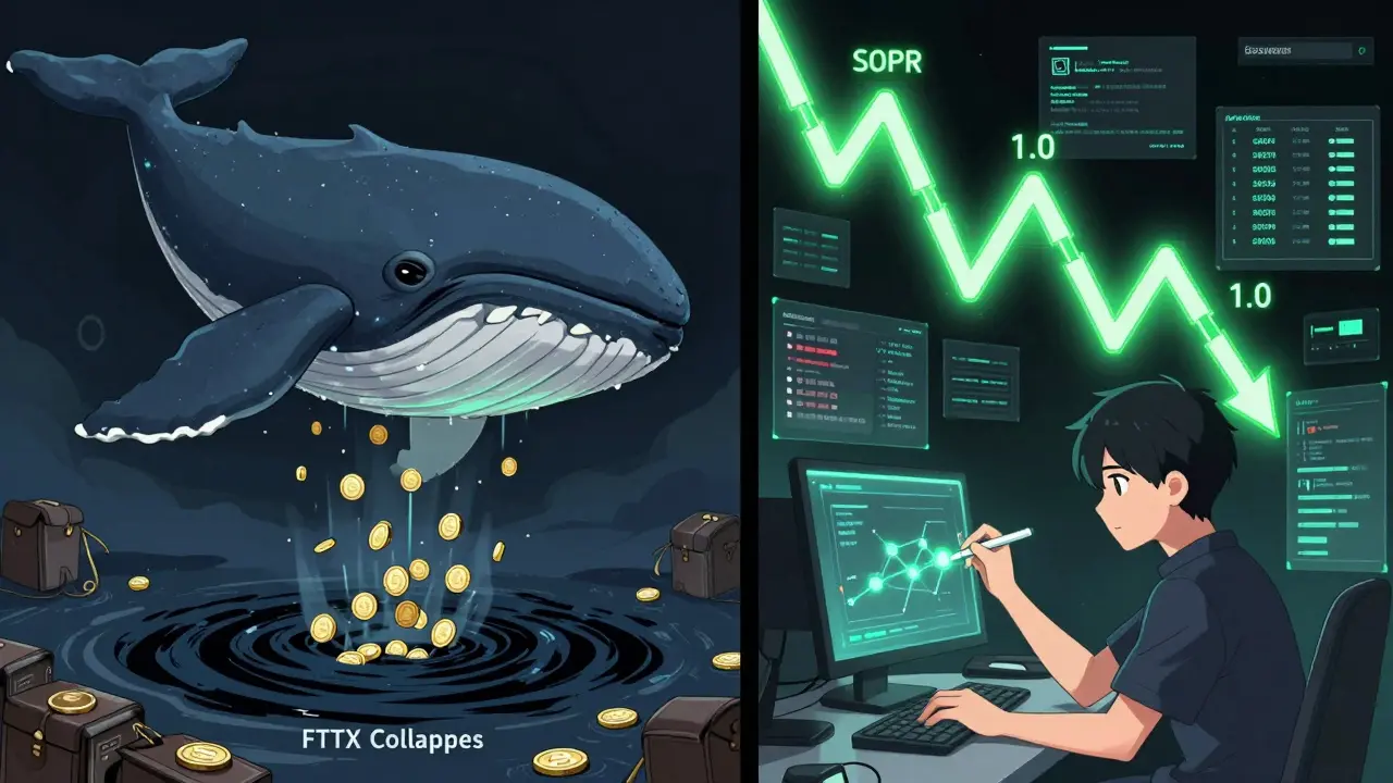 Un gigante sombrío drena stablecoins mientras una cadena de bloques brilla con pulsos verdes, un analista observa datos en tiempo real.