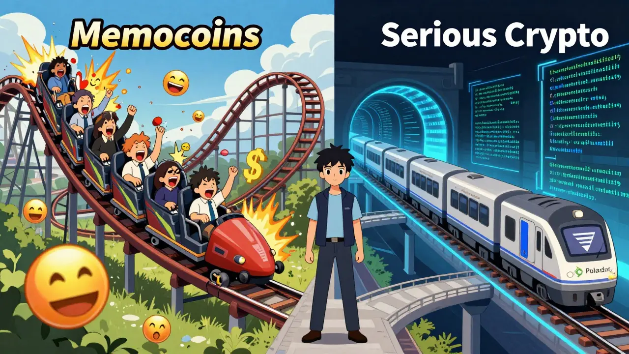 Un inversionista decide entre un carrusel caótico de memecoins y un tren estable de criptomonedas serias.