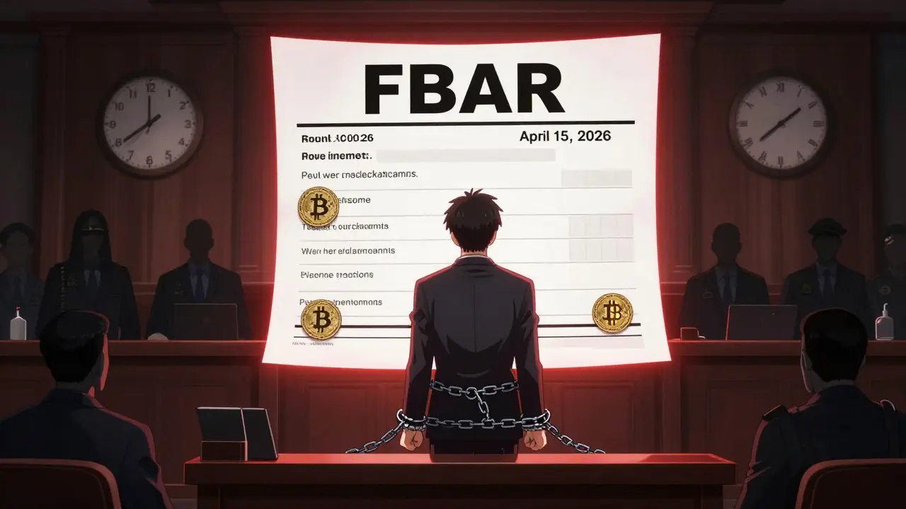 Un inversor enfrenta un formulario FBAR gigante en un tribunal, encadenado por símbolos de criptomonedas mientras avanza la fecha límite.