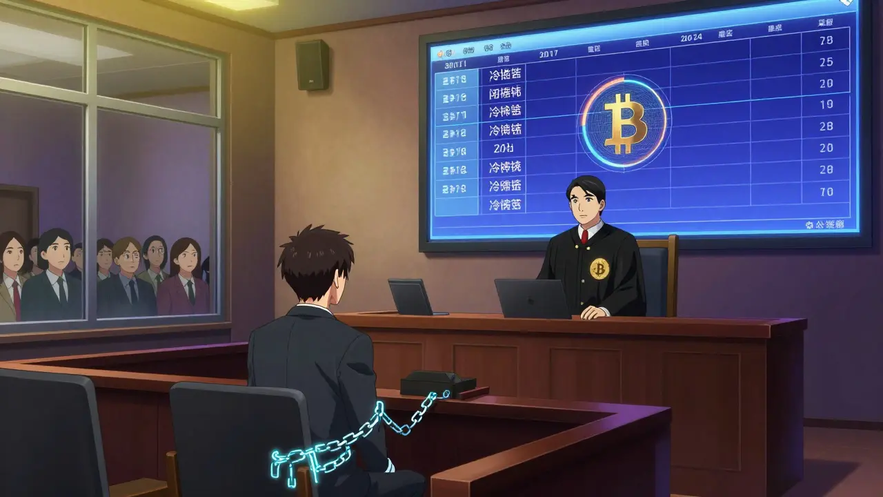 Un juicio en Guangzhou donde se rastrea un Bitcoin en una pantalla digital mientras el acusado está encadenado.