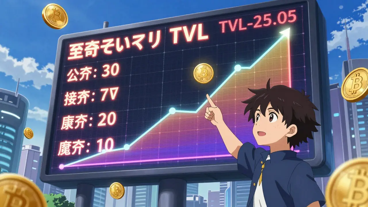 Un tablero digital gigante en el cielo mostrando números de TVL en tiempo real, con gráficos animados.