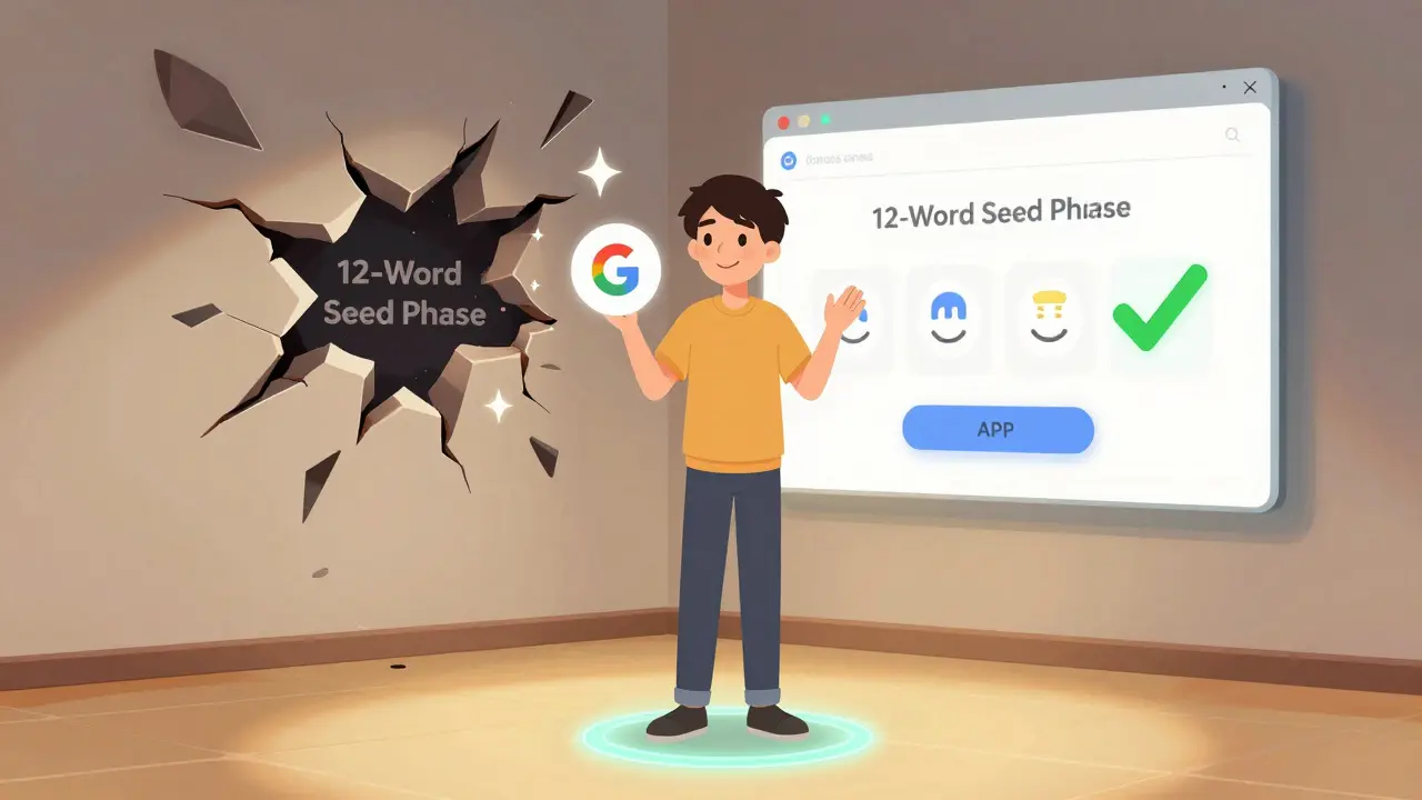 Un usuario inicia sesión con Google mientras una pared de frases de recuperación se desmorona, iluminado por una luz cálida de simplicidad.