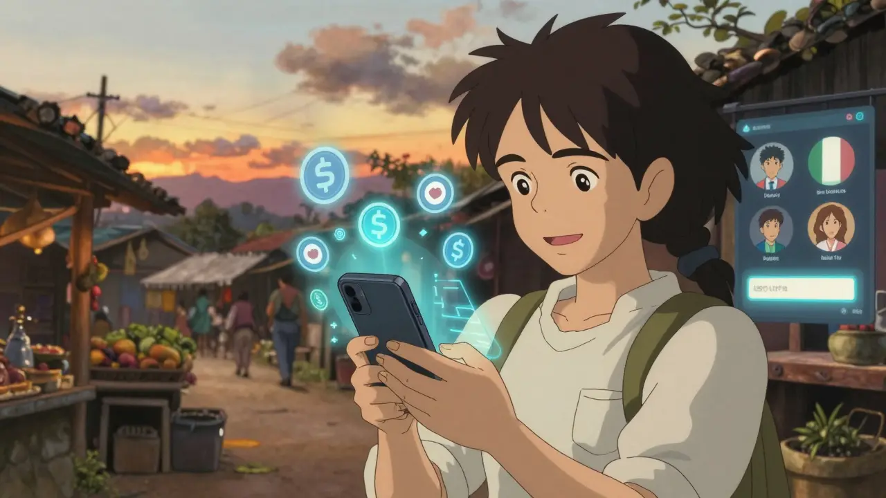 Una artista en Colombia crea un NFT con su smartphone mientras compradores de todo el mundo aparecen en pantalla holográfica.