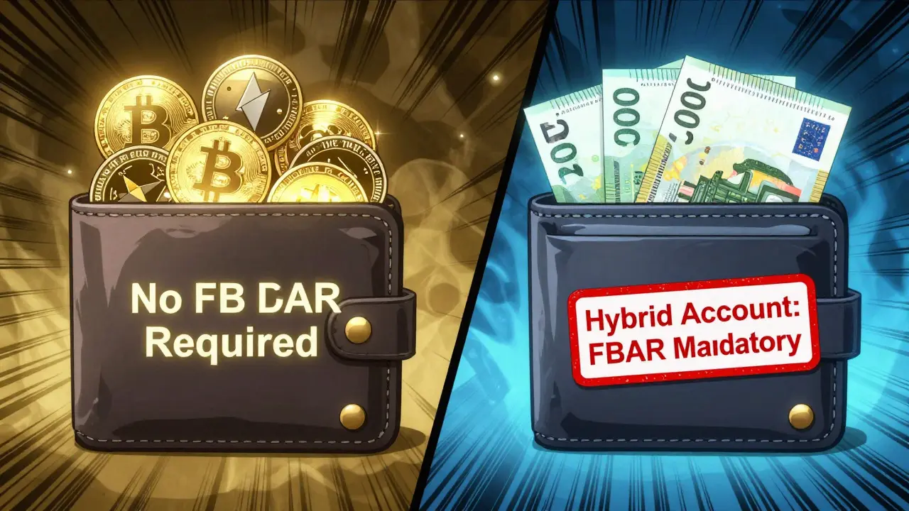 Una billetera de criptomonedas con USDT y euros muestra un sello de advertencia: 'Cuenta híbrida, requiere FBAR'.