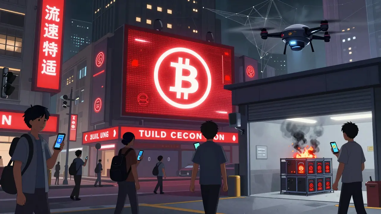 Una calle de Shanghái en 2025 con pantallas prohibiendo criptomonedas y un dron vigilando una mina oculta.