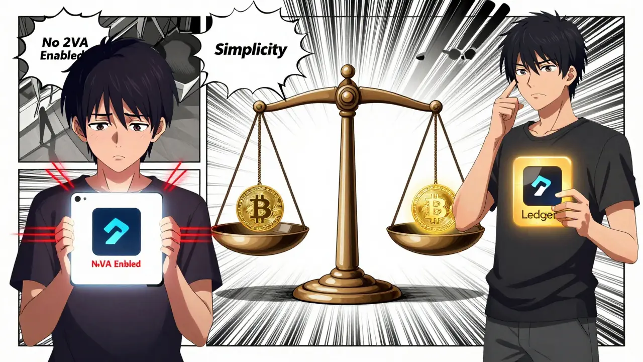 Una escena dividida: un usuario sin 2FA en peligro a la izquierda, otro transfiriendo cripto a una billetera segura a la derecha, con una balanza entre simplicidad y funciones avanzadas.