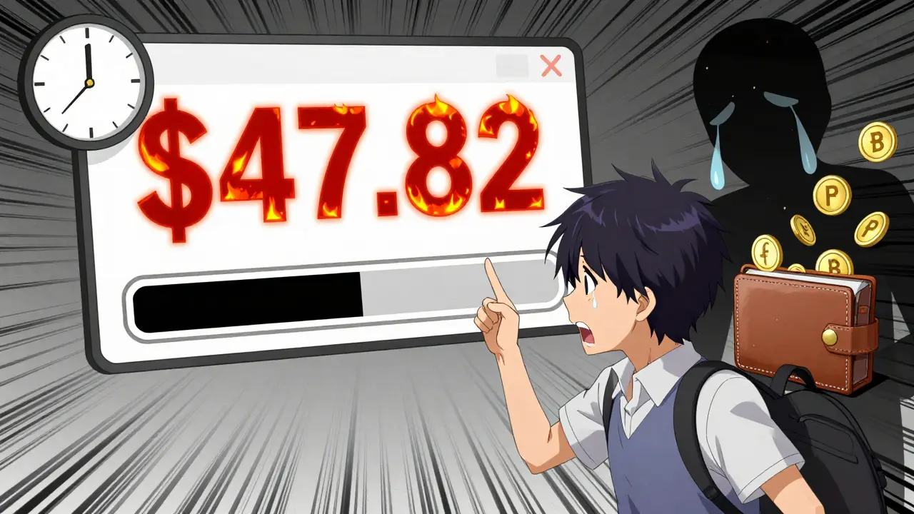 Una notificación de tarifa de gas excesiva explota en pantalla mientras un reloj marca el tiempo y una barra de carga vacía gira en silencio.