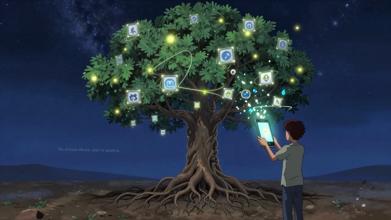Una persona en España usando un teléfono antiguo mientras un árbol Merkle cósmico emana de la pantalla, conectando tecnología y acceso global.