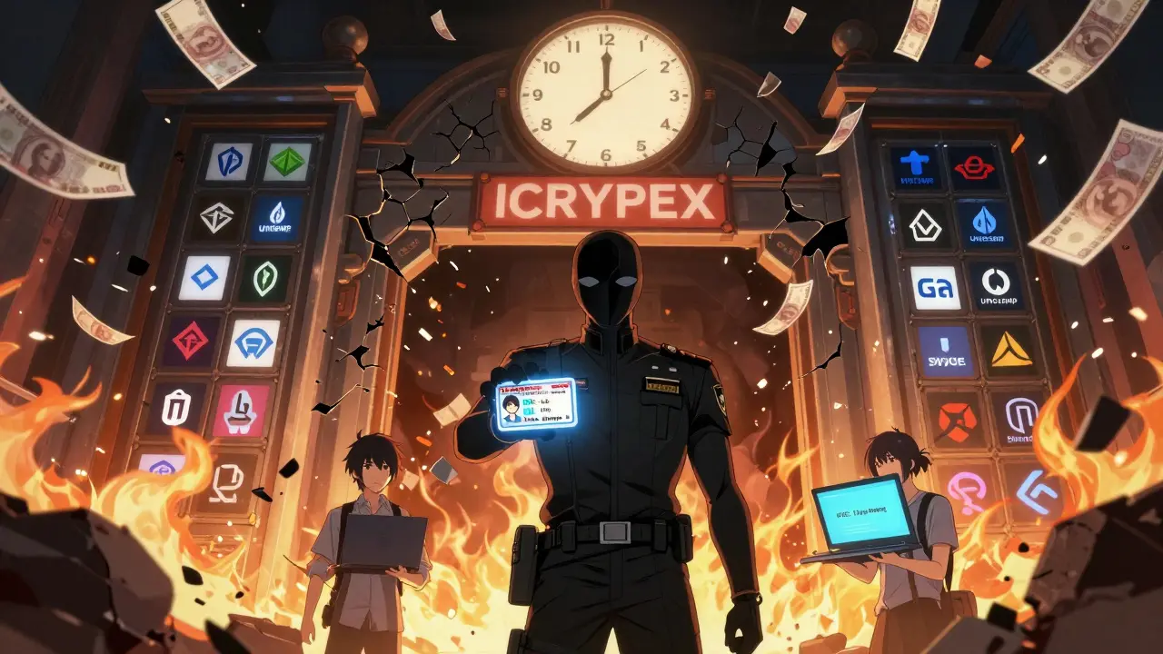 Una puerta digital colapsa mientras 46 intercambios de cripto se destruyen, con un agente gubernamental sellando una licencia mientras un desarrollador espera con ansiedad.