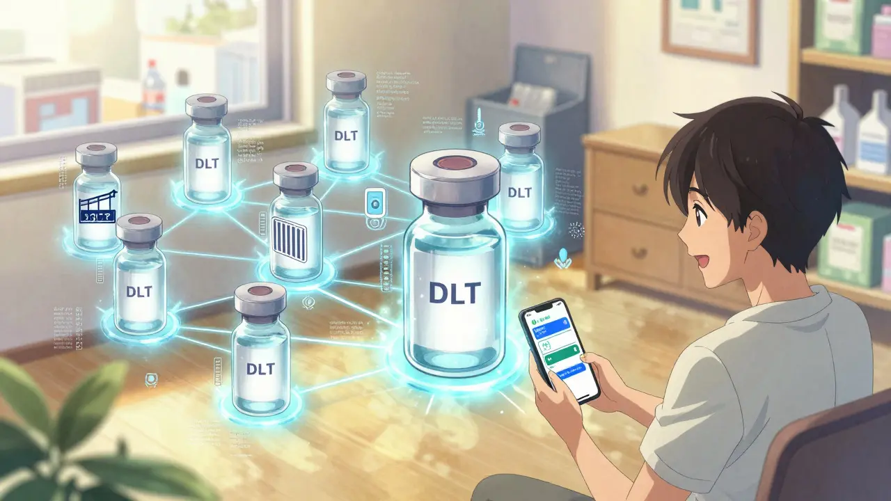 Una vacuna viaja por una red blockchain con sensores y firmas digitales visibles en tiempo real.