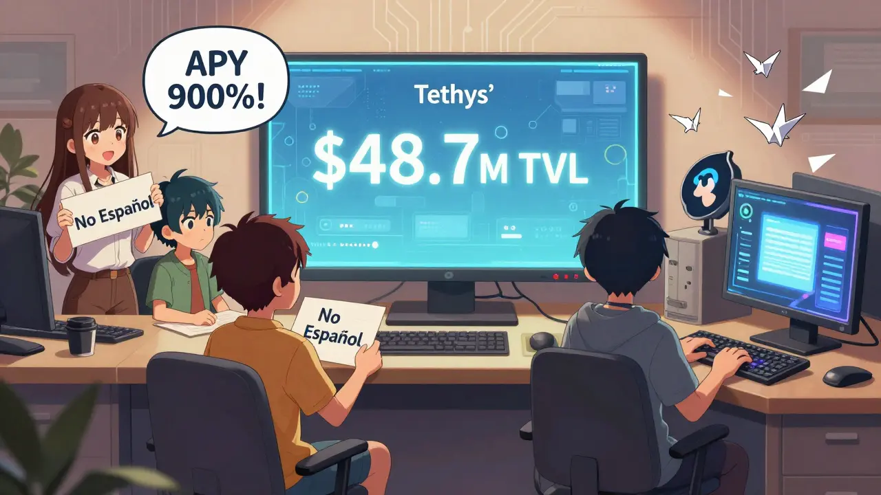 Usuarios de Discord miran una pantalla con el TVL de Tethys, uno sostiene un letrero 'No Español', mientras un desarrollador trabaja con commits volando como grullas.