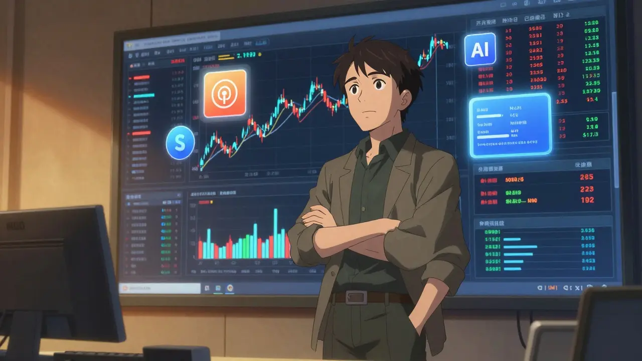 Analista estratégico revisando datos de sentimiento y trading