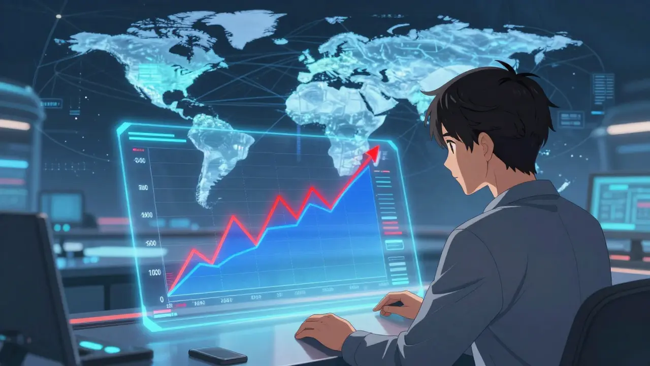 Analista revisando gráficos de riesgo y crecimiento de tokens en una interfaz holográfica.