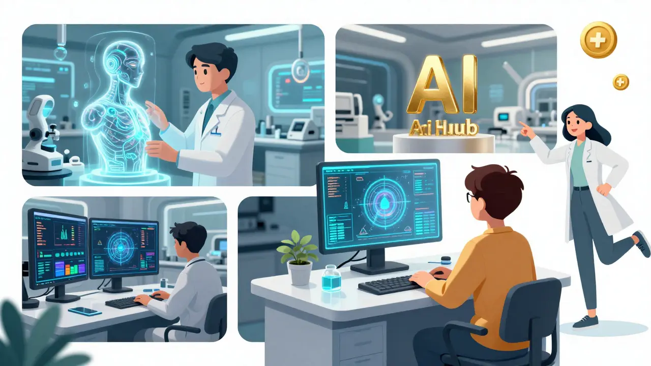 Aplicaciones de AIHub en salud, finanzas y educación con tecnología de IA y blockchain.