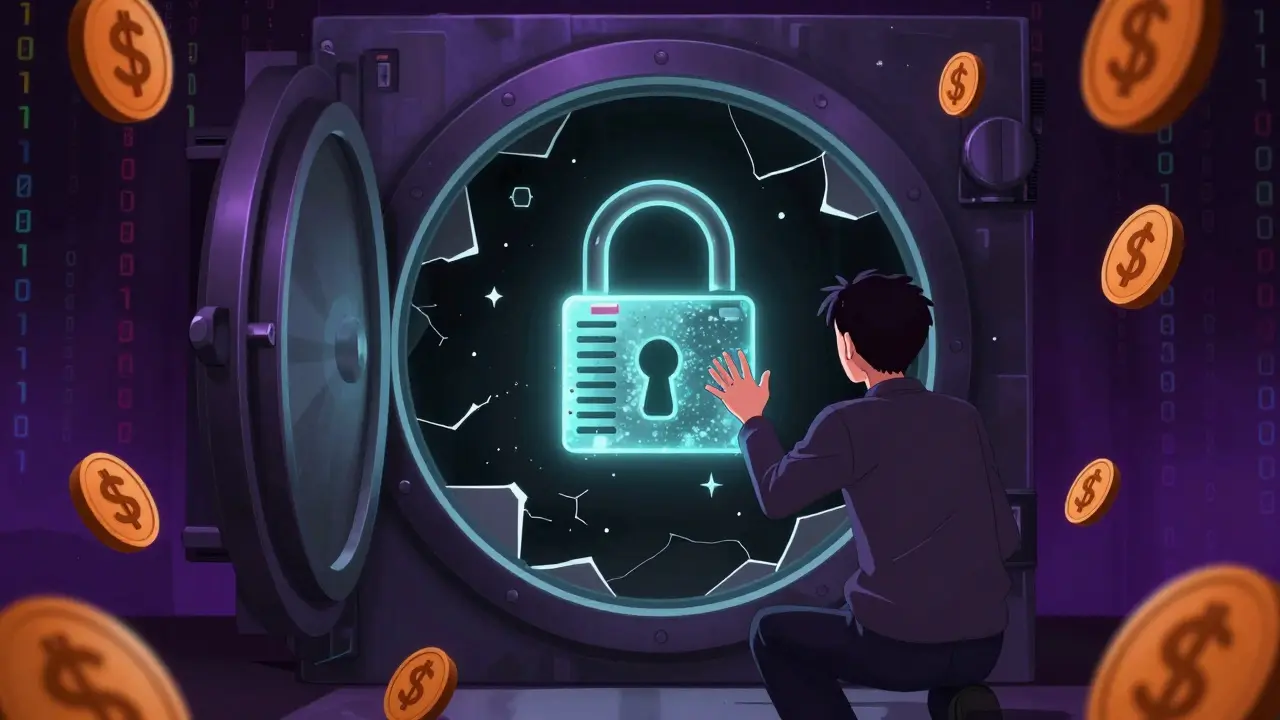 Bóveda digital vacía y candado cerrado representando fondos bloqueados.