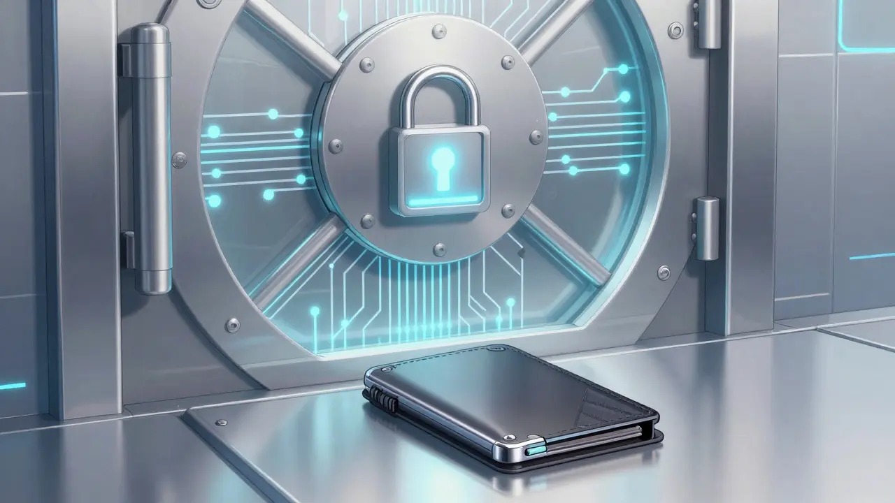 Bóveda digital y billetera fría asegurando activos criptográficos en estilo anime.