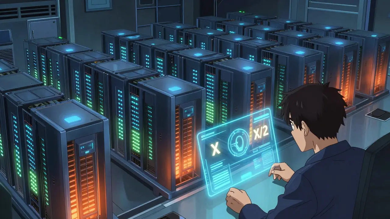 Centro de minería de Bitcoin con tecnología avanzada y rewards reducidos en estilo anime.