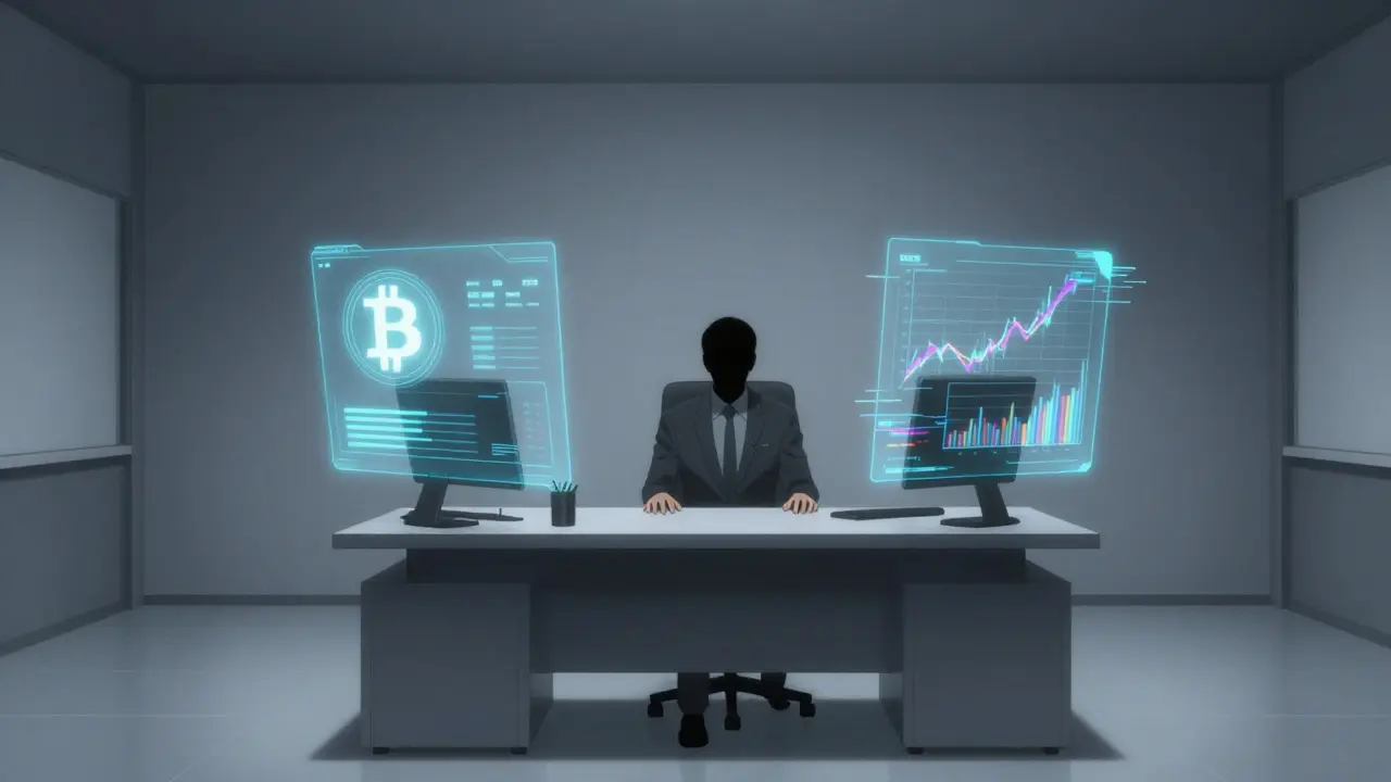 CEO misterioso en una oficina tecnológica con gráficos de criptomonedas fallando.