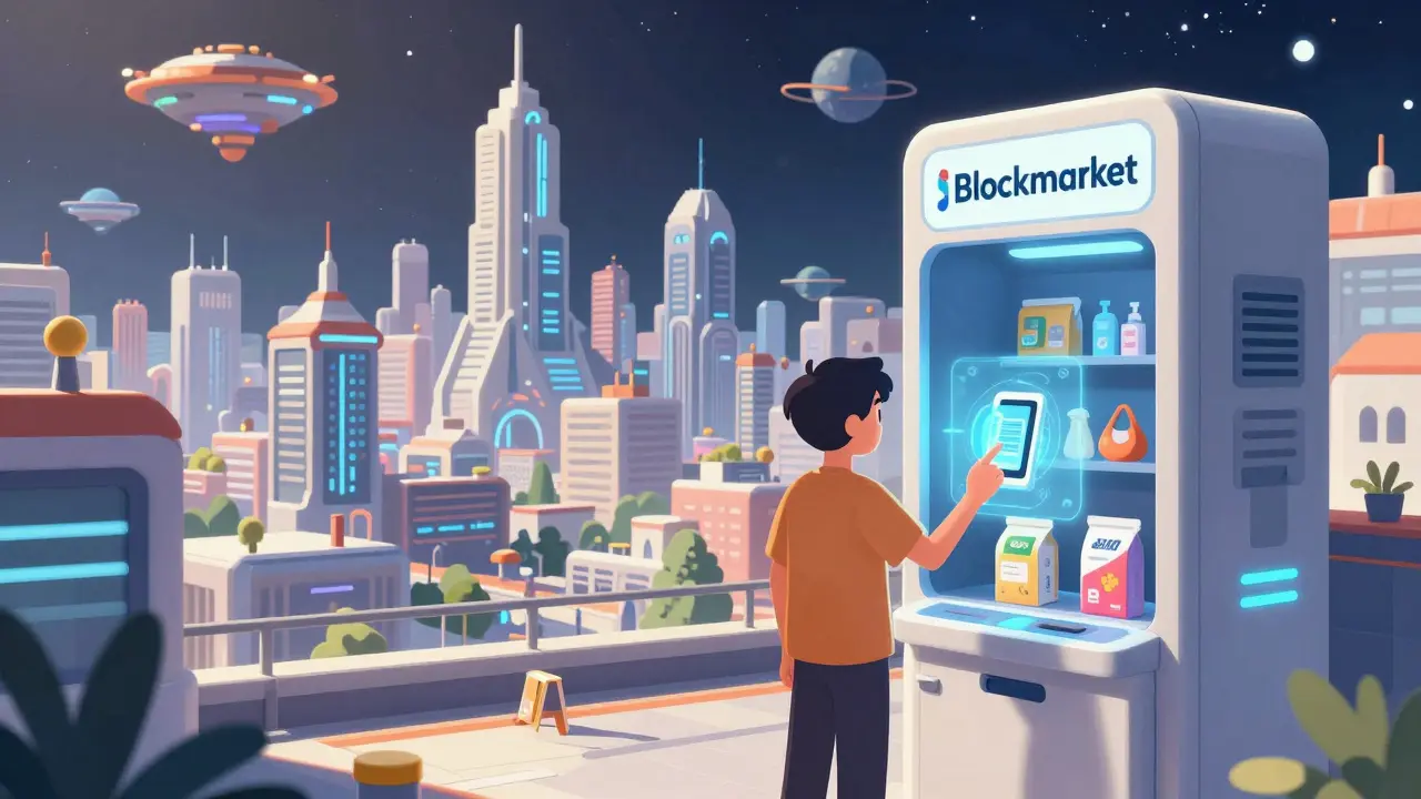 Ciudad inteligente futurista con un mercado descentralizado y colonias espaciales al fondo.