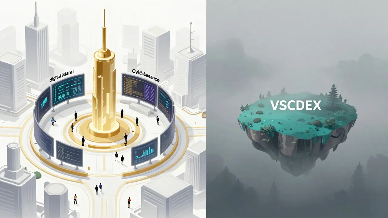 Comparación visual entre un centro financiero digital brillante y una isla digital aislada.