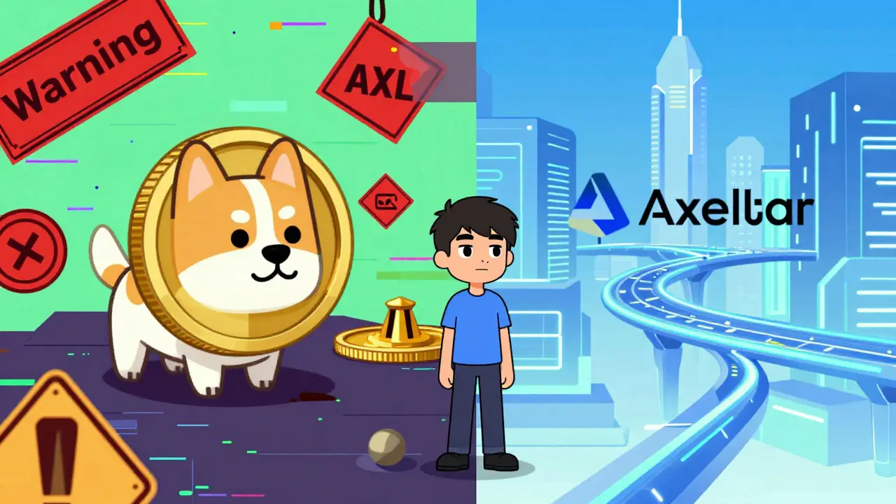 Comparación visual entre una memecoin fraudulenta y un protocolo blockchain legítimo.