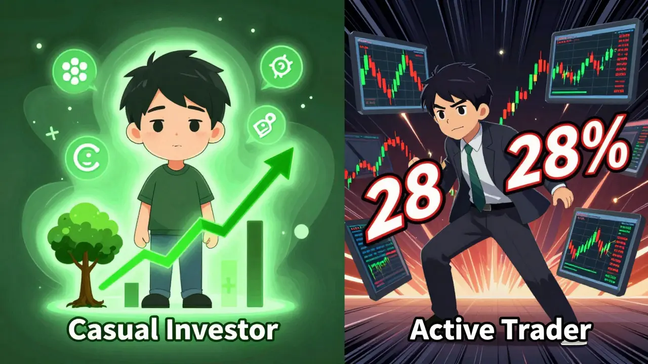 Comparativa anime entre un inversor a largo plazo y un trader activo con la tasa del 28%.