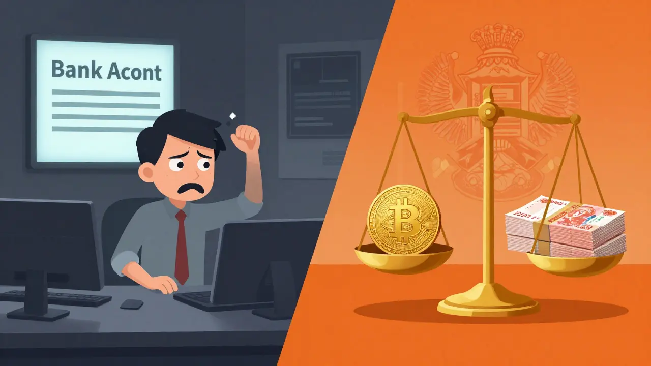 Contraste entre un empresario preocupado y una balanza de rublos y criptomonedas en estilo anime.