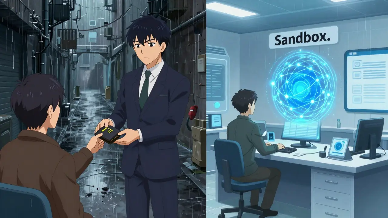 Contraste entre un intercambio clandestino de criptomonedas y el uso oficial de blockchain en estilo anime.