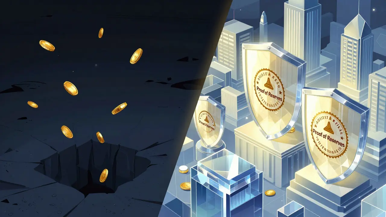 Contraste entre un vacío oscuro sin garantías y una ciudad iluminada de exchanges regulados.