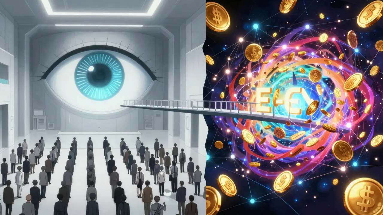 Contraste visual entre el control del yuan digital y la descentralización de las criptomonedas.