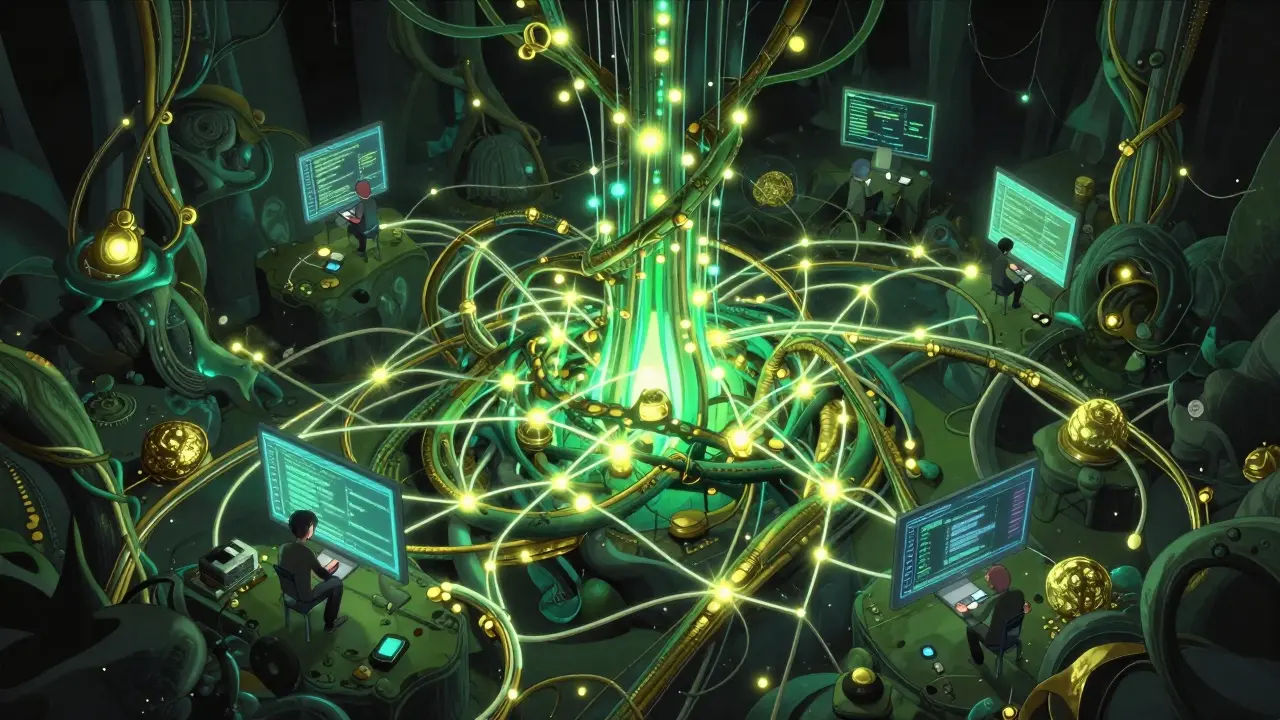 Desarrolladores trabajando en un ecosistema digital orgánico y descentralizado.