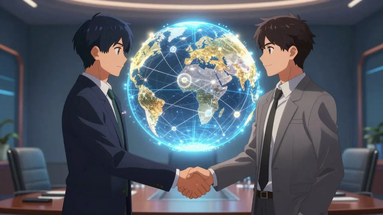 Dos personajes de anime estrechando la mano frente a una red global de blockchain holográfica.
