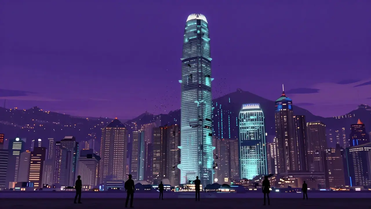 Edificio digital desapareciendo en una ciudad futurista, representando una estafa.