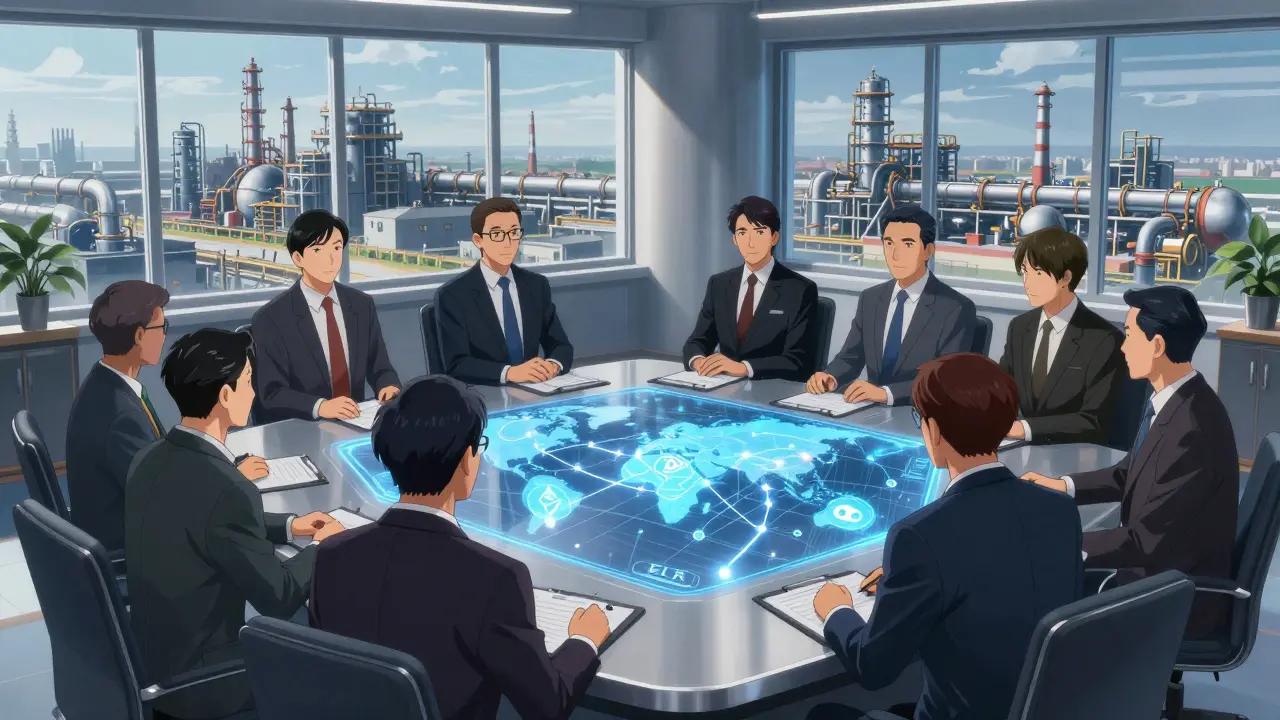 Ejecutivos rusos analizando rutas de comercio internacional con criptomonedas en estilo anime.