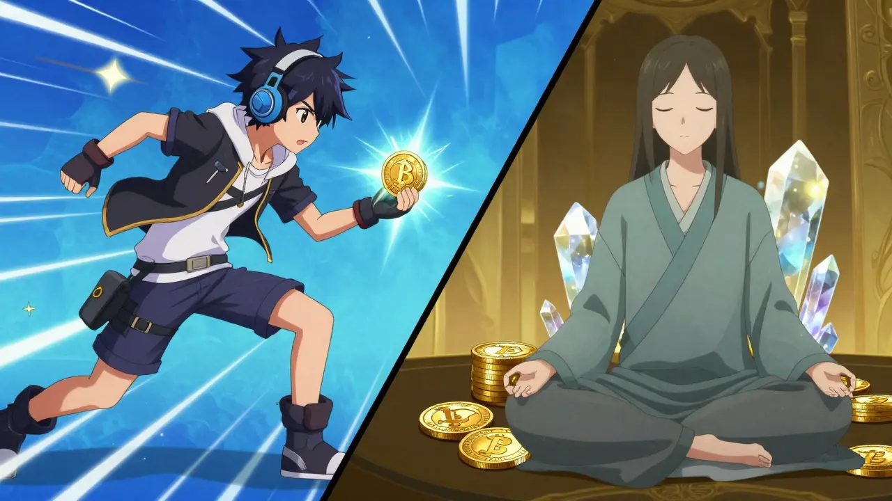 Escena de anime dividida mostrando transacciones rápidas y ahorro de criptomonedas a largo plazo.