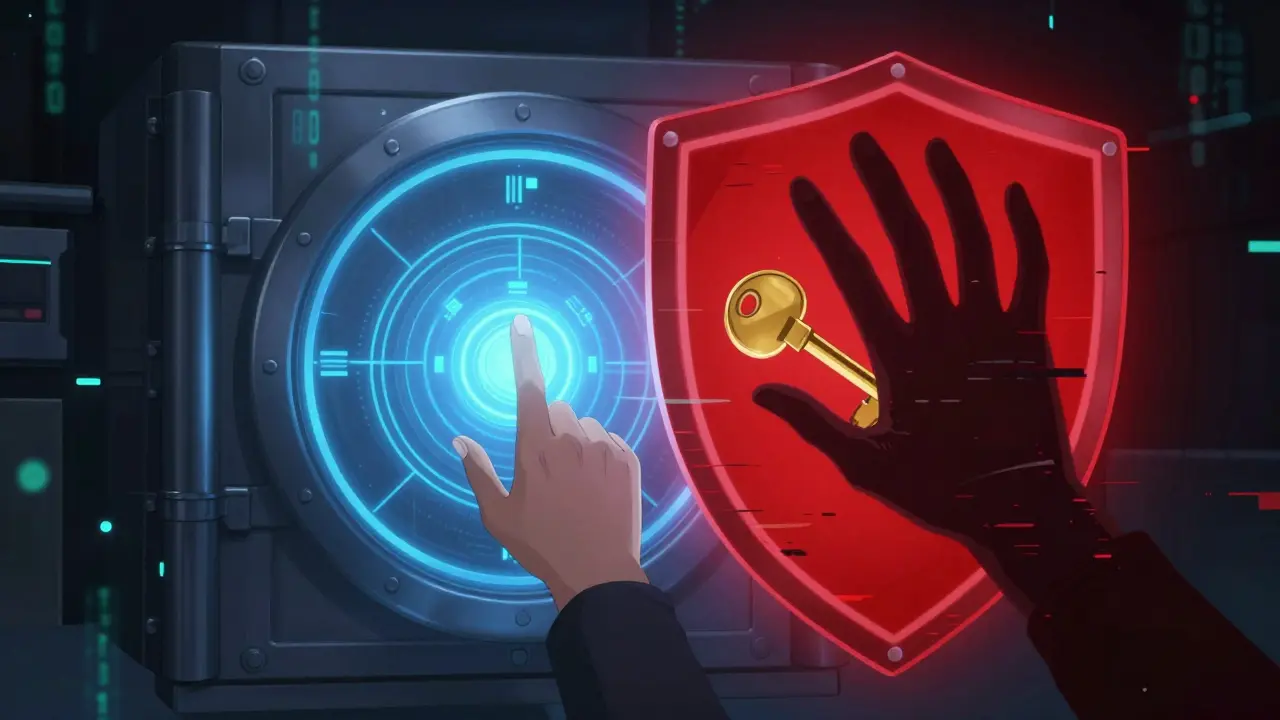 Escudo digital protegiendo una clave privada de una sombra maliciosa en el ciberespacio.