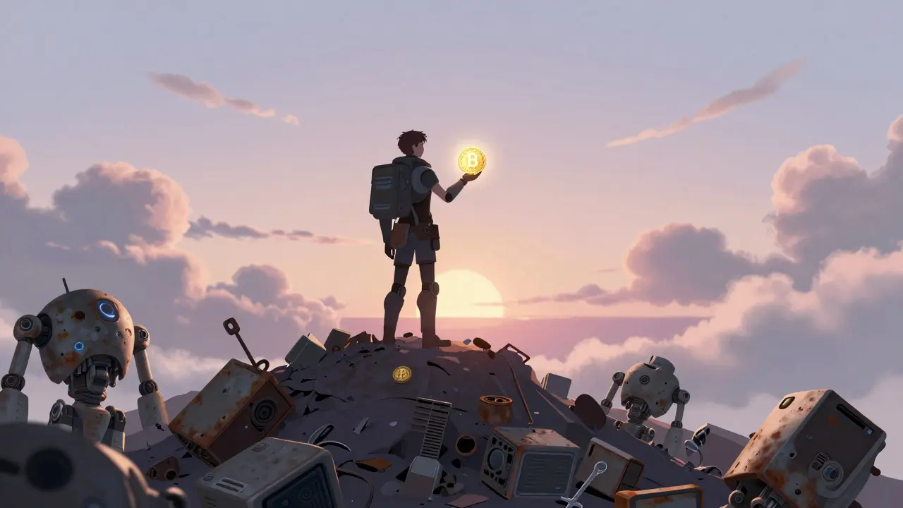 Guerrero digital en estilo anime sosteniendo un token sobre restos tecnológicos antiguos.