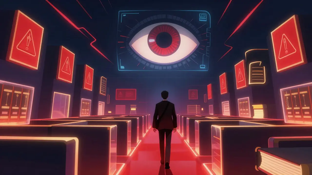 Hombre atrapado en un laberinto digital de leyes bajo la vigilancia de un ojo holográfico en estilo anime.