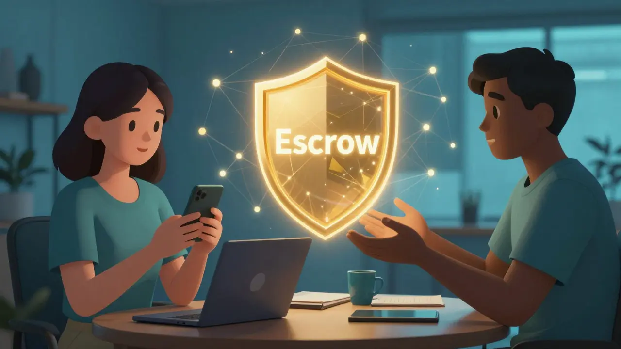 Ilustración de una transacción P2P segura con un escudo de Escrow entre dos personas.