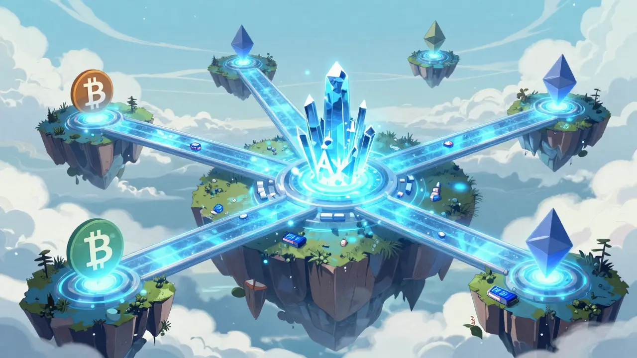 Islas de blockchain conectadas por puentes de luz azules en un estilo anime.