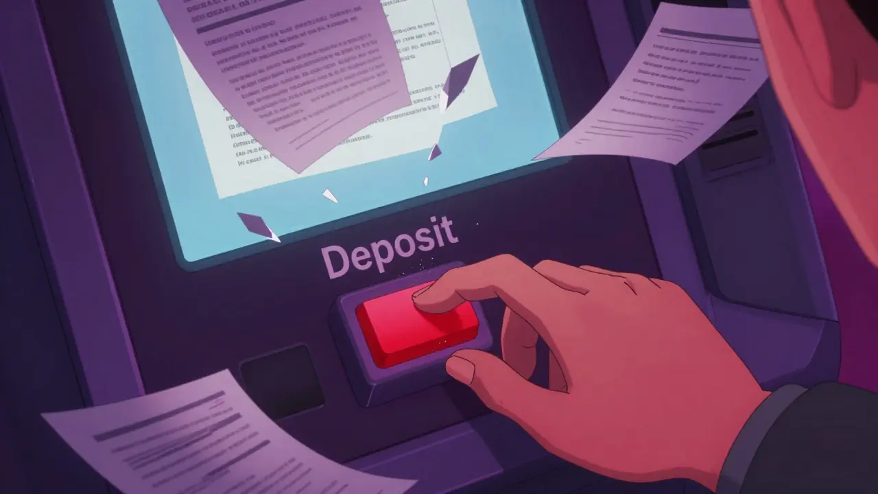 Mano dudando antes de depositar fondos mientras documentos legales se desvanecen en el aire.