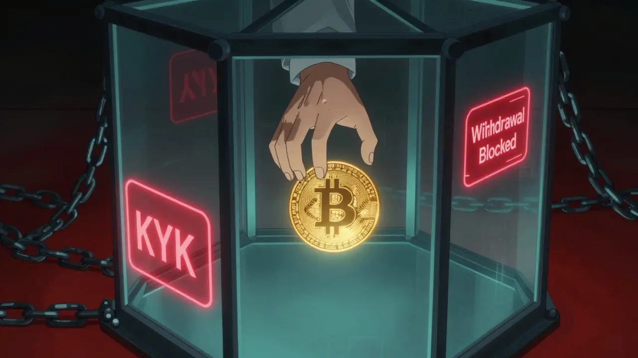 Mano intentando alcanzar un Bitcoin atrapado tras cadenas digitales rojas.