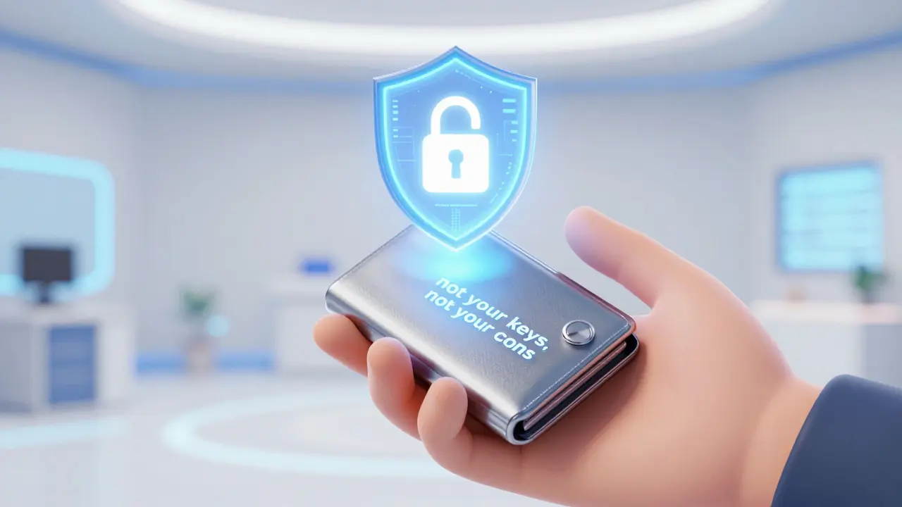 Mano sosteniendo una billetera fría de criptomonedas con un escudo digital de seguridad.