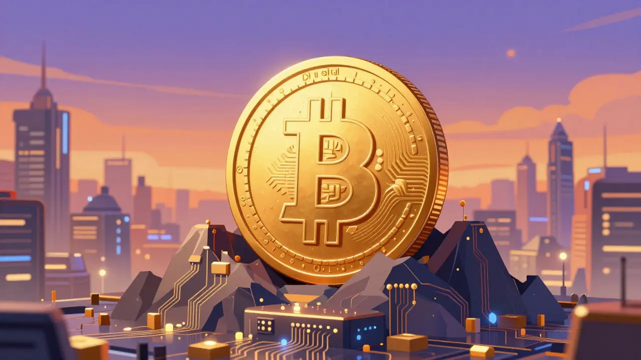 Moneda de Bitcoin como oro digital integrada en un paisaje tecnológico futurista estilo anime.
