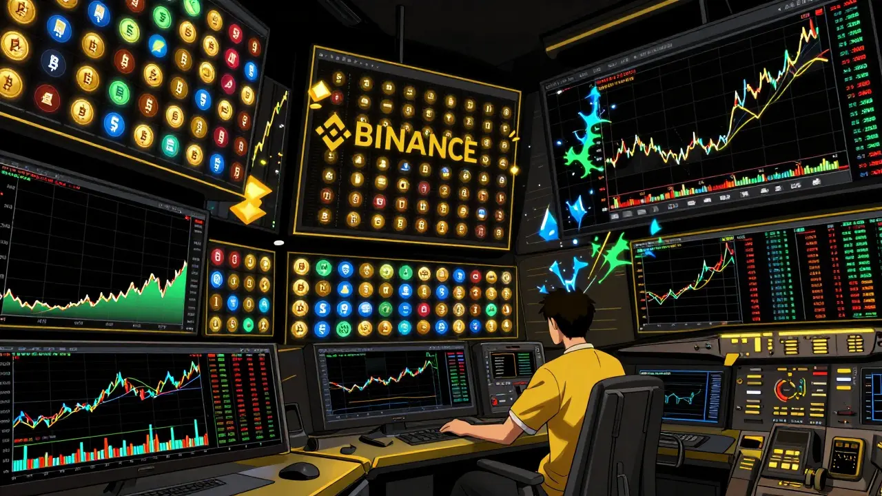 Montaje anime de múltiples pantallas con cientos de monedas y gráficos complejos.