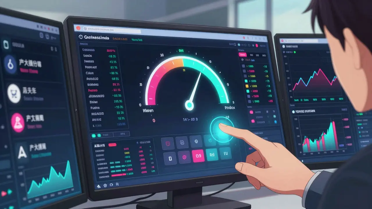 Pantallas analizando sentimiento del mercado de crypto con índice