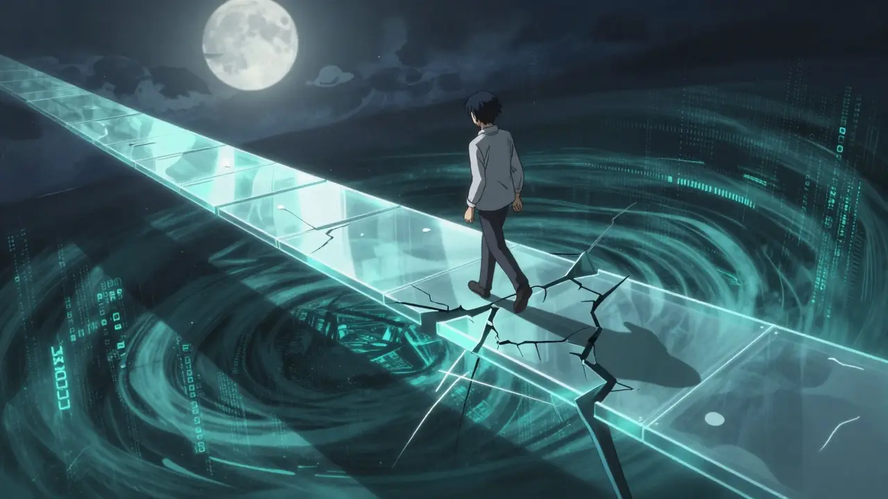 Personaje de anime dudando antes de cruzar un puente de cristal roto sobre un abismo digital.