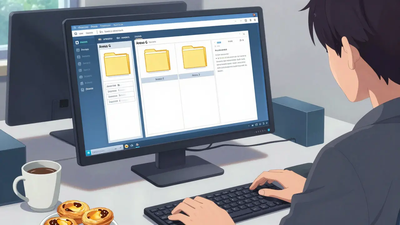 Personaje de anime organizando sus declaraciones fiscales de criptomonedas en un escritorio moderno.