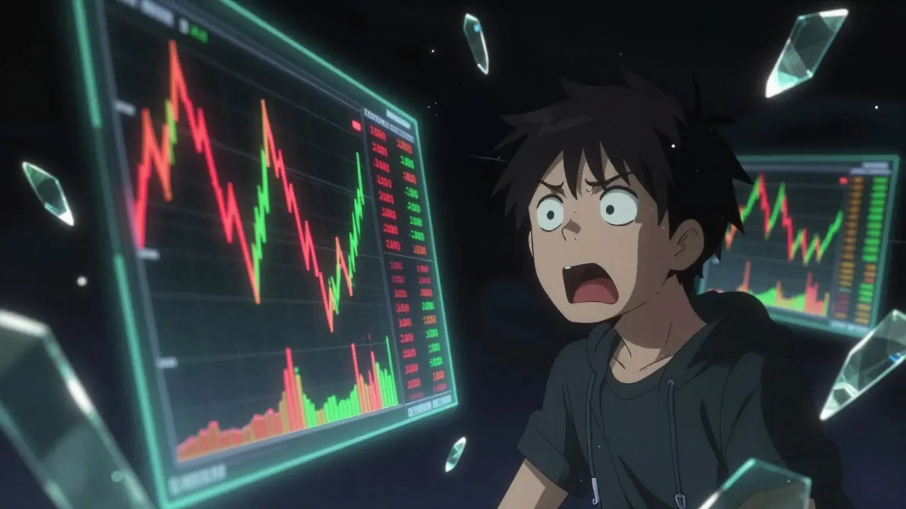 Personaje de anime sorprendido ante gráficas de precios volátiles y pantallas holográficas.